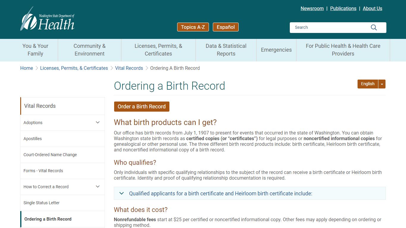 Ordering a Birth Record :: Washington State Department of ...